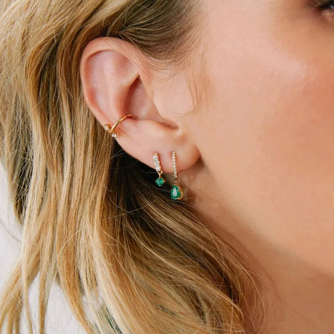 14k Pave Pear Emerald Earrings